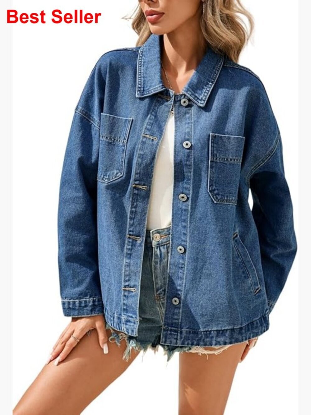 Oversized Button Down Denim Jacket with Pockets - Shacket